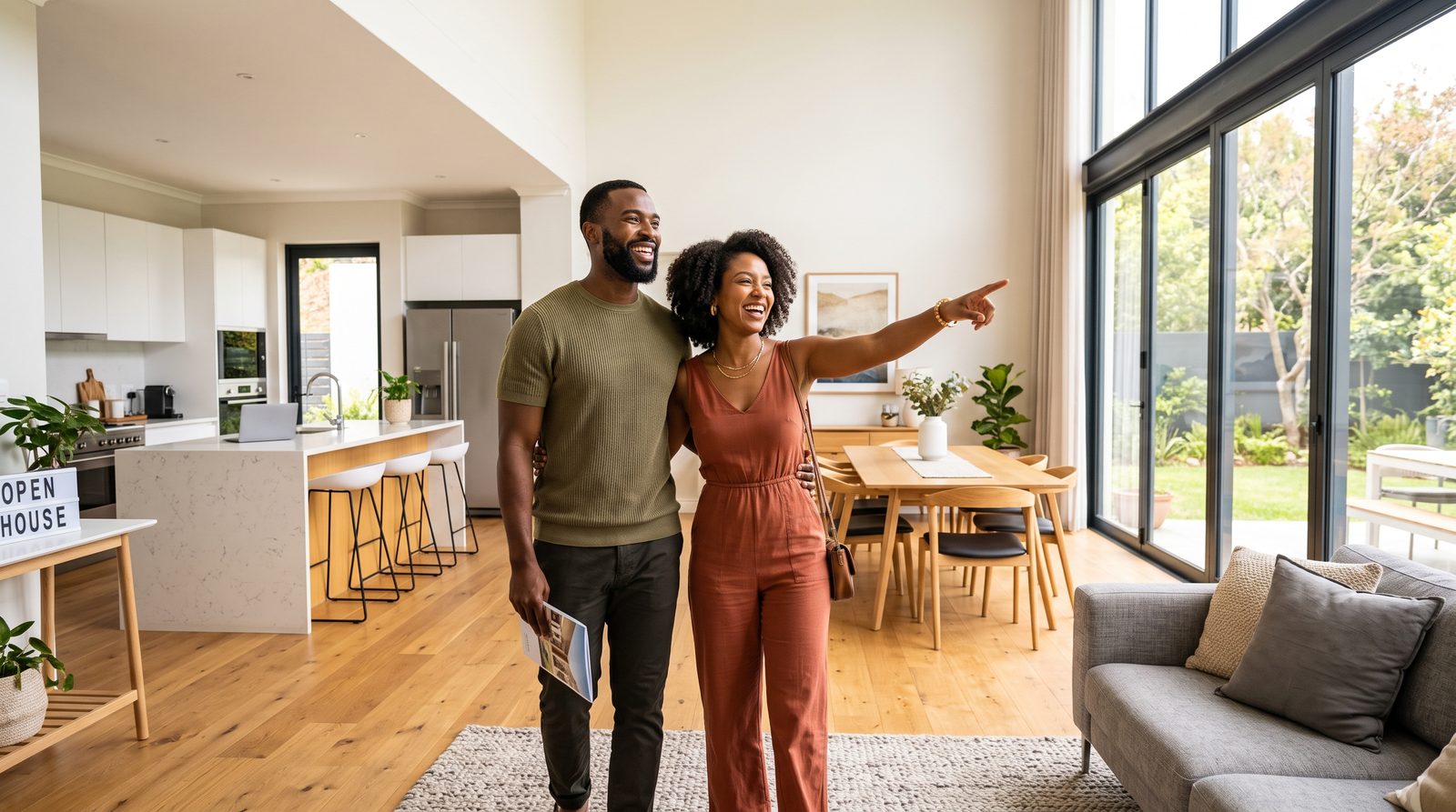 A couple touring a bright modern home they are considering buying