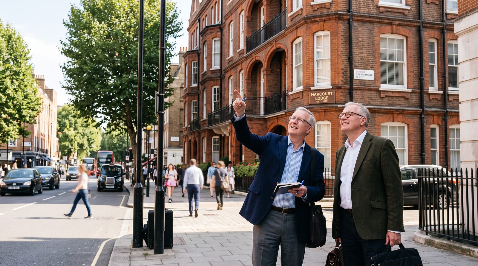 Two investors sizing up an apartment building