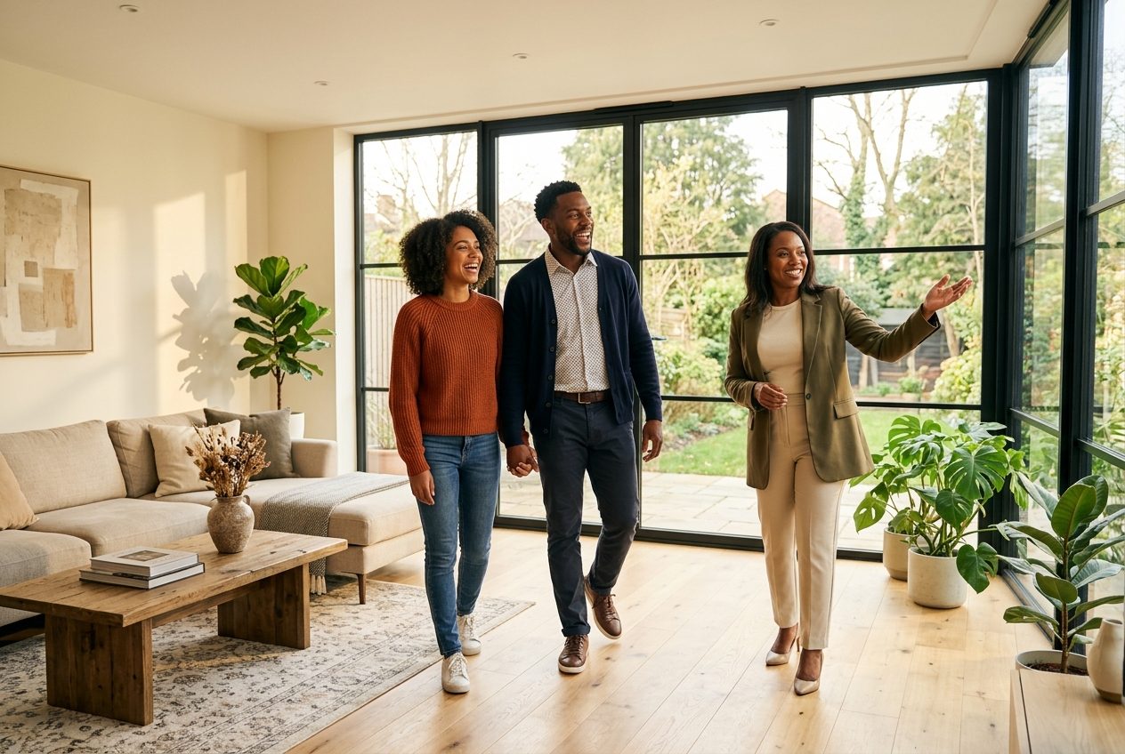 A happy couple touring a bright home with their agent