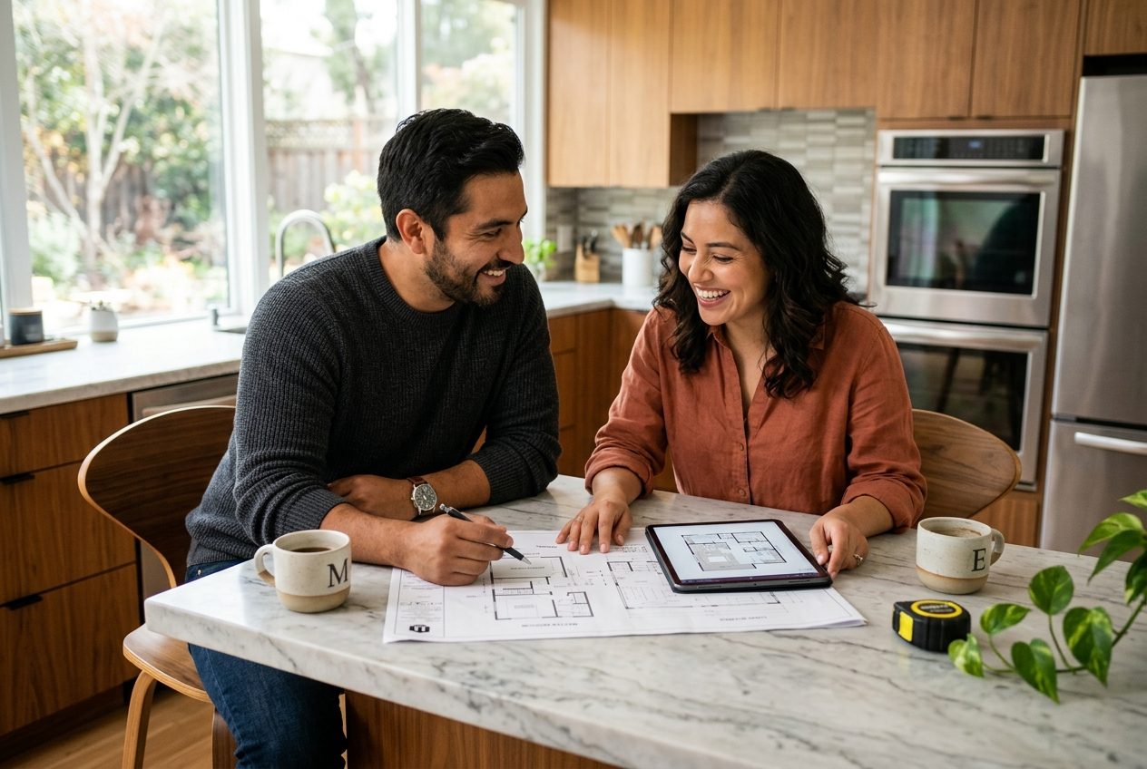 A couple reviewing home plans at their kitchen island