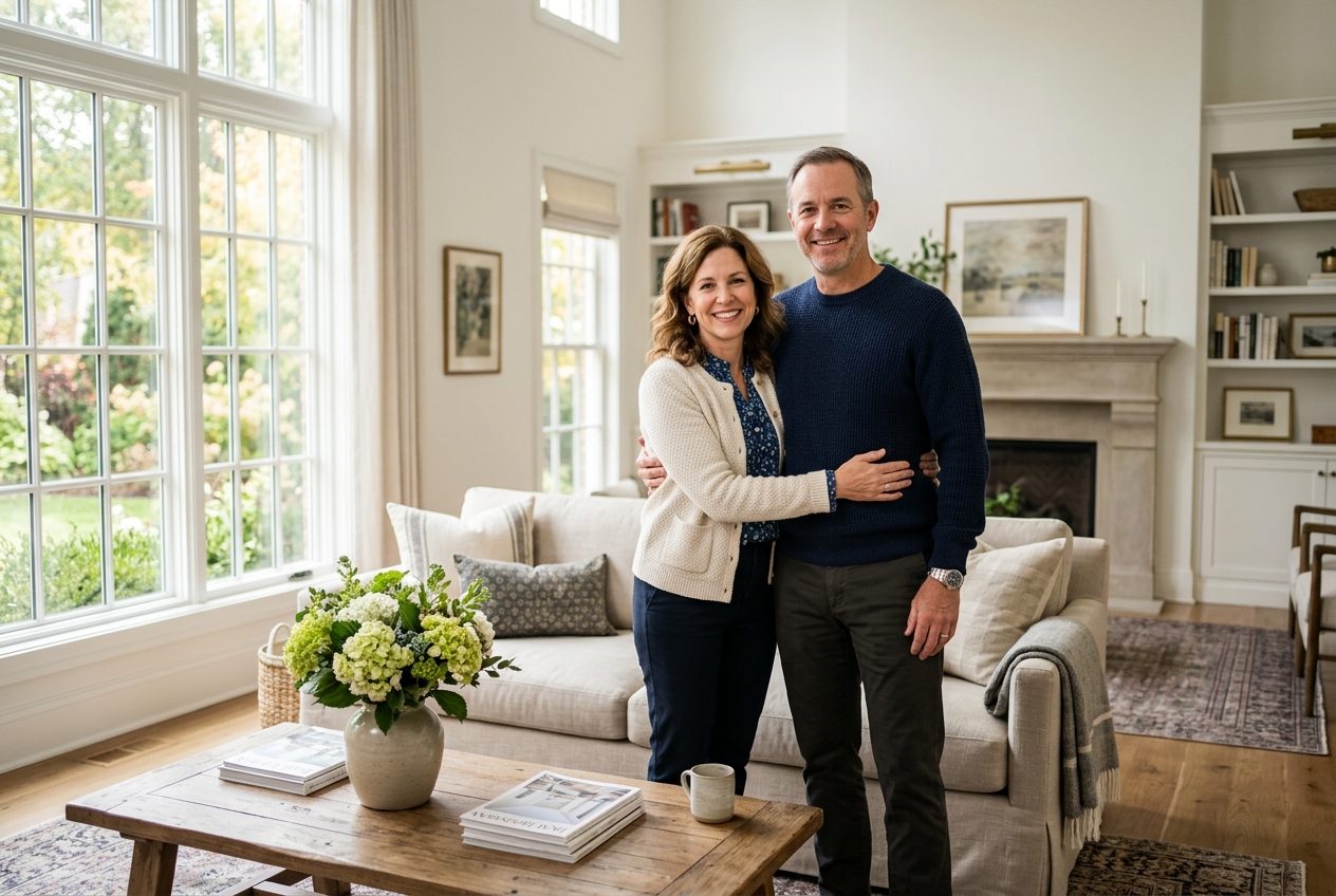 Smiling homeowners in their staged living room