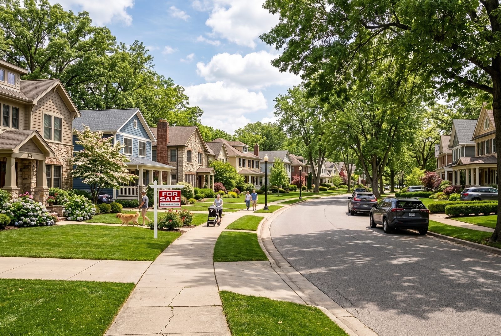 A suburban neighborhood with a Keystone For Sale sign in a front yard