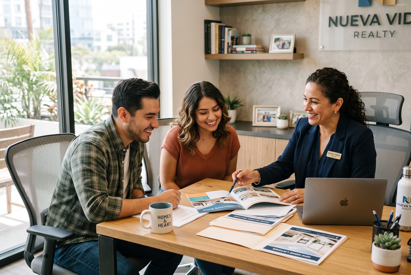 A young couple meeting a real estate broker who is showing them a homebuyer's guide